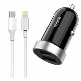 Carregador Veicular Yookie Pc10 Dual Port Usb-C Pd + Usb-A 3.0 Com Cabo Usb-C Para Lightning - Preto