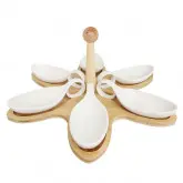 Set Bandejitas P/Picadas De Ceramica Blanco C/Base De Bambu C/6 Divisorias