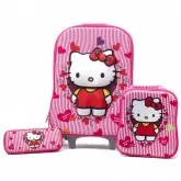 Kit Mochila de Rodinha Infantil Hello Kitty com Lancheiro e Estojo - Rosa