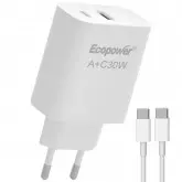Carregador Tomada Ecopower Ep-7091 30W Usb-C / Usb - Branco + Cabo Usb-C / Usb-C