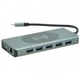 Hub Usb-C 3.1 14 Portas / 2 Hdmi / 5 Usb 3.0 / Usb-C Femea / Glan / Vga / Sd / Tf / 3.5Mm / Carregador Wireless 15W - Cinza