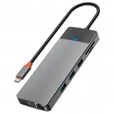 Hub USB-C 3.1 Wiwu Linker 12IN1 Pro 12 Portas / 2 HDMI / 2 USB 3.0 / 2 USB 2.0 / 2 USB-C Femea / LAN / VGA / SD / TF - Cinza